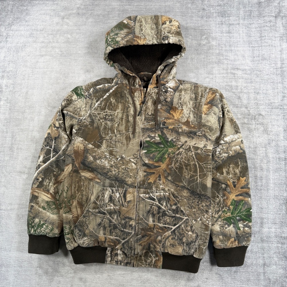 Rocky Jacket Mens Medium Realtree Camo Edge Sherpa Lined Canvas Hooded Work